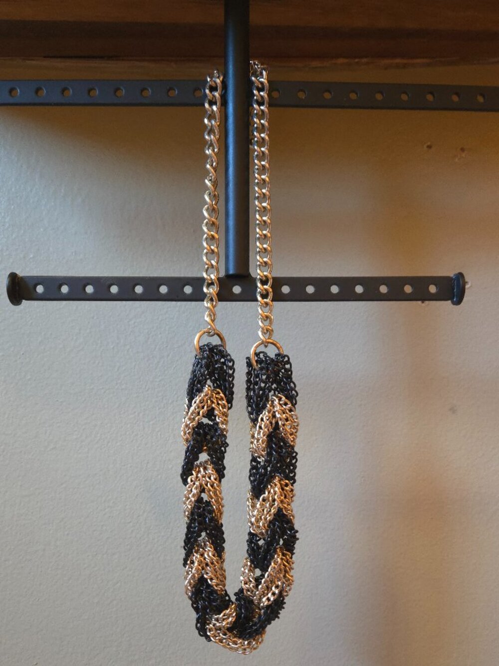 Black and Gold Tone Braided Chain Statement Necklace Chunky Multi Strand Fashion